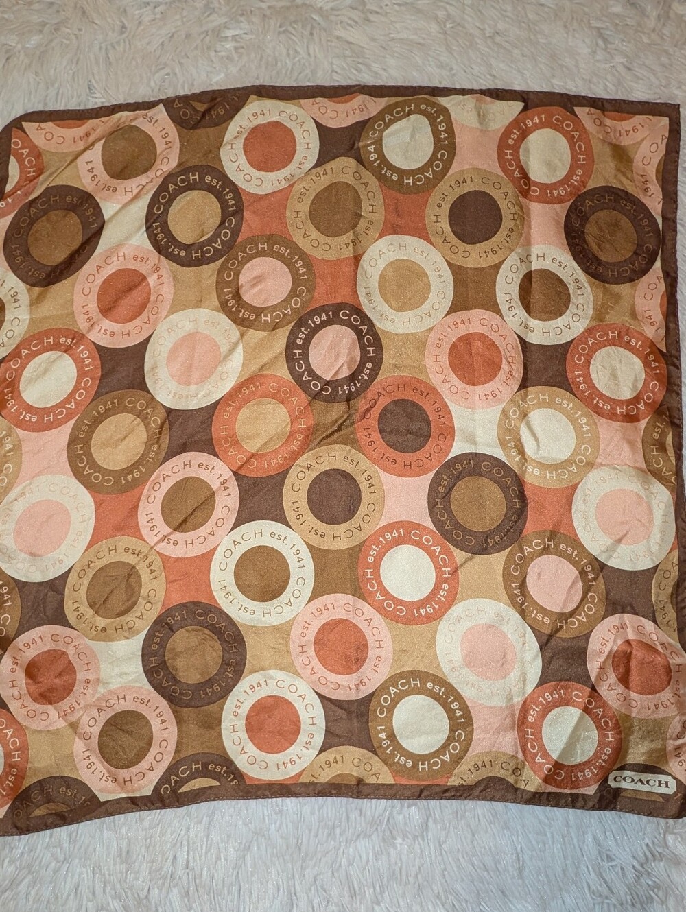 COACH Snaphead Logo Print Silk Scarf 21" Square Brown Multi EUC